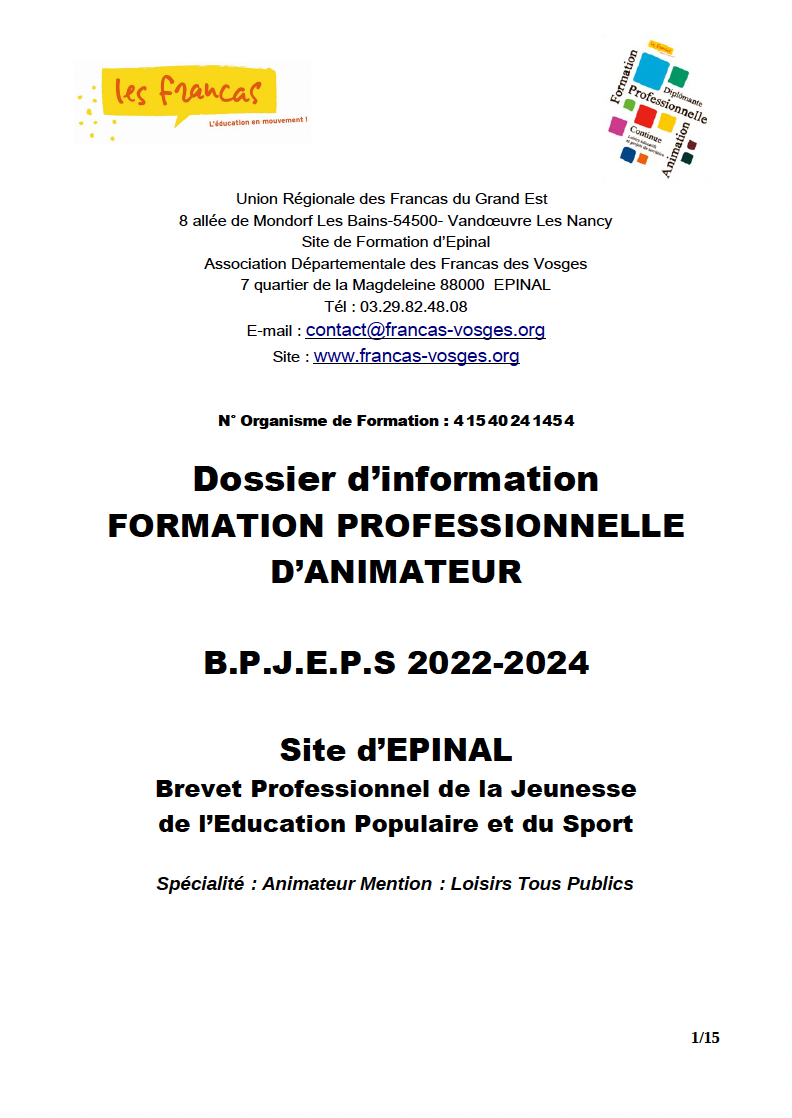 Dossier information / inscription BPJEPS LTP 22-24