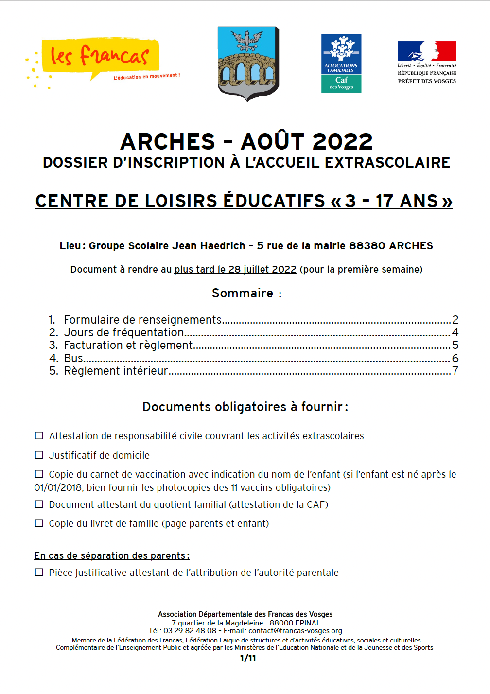 Dossier d’inscription Centre de loisirs Arches août 2022