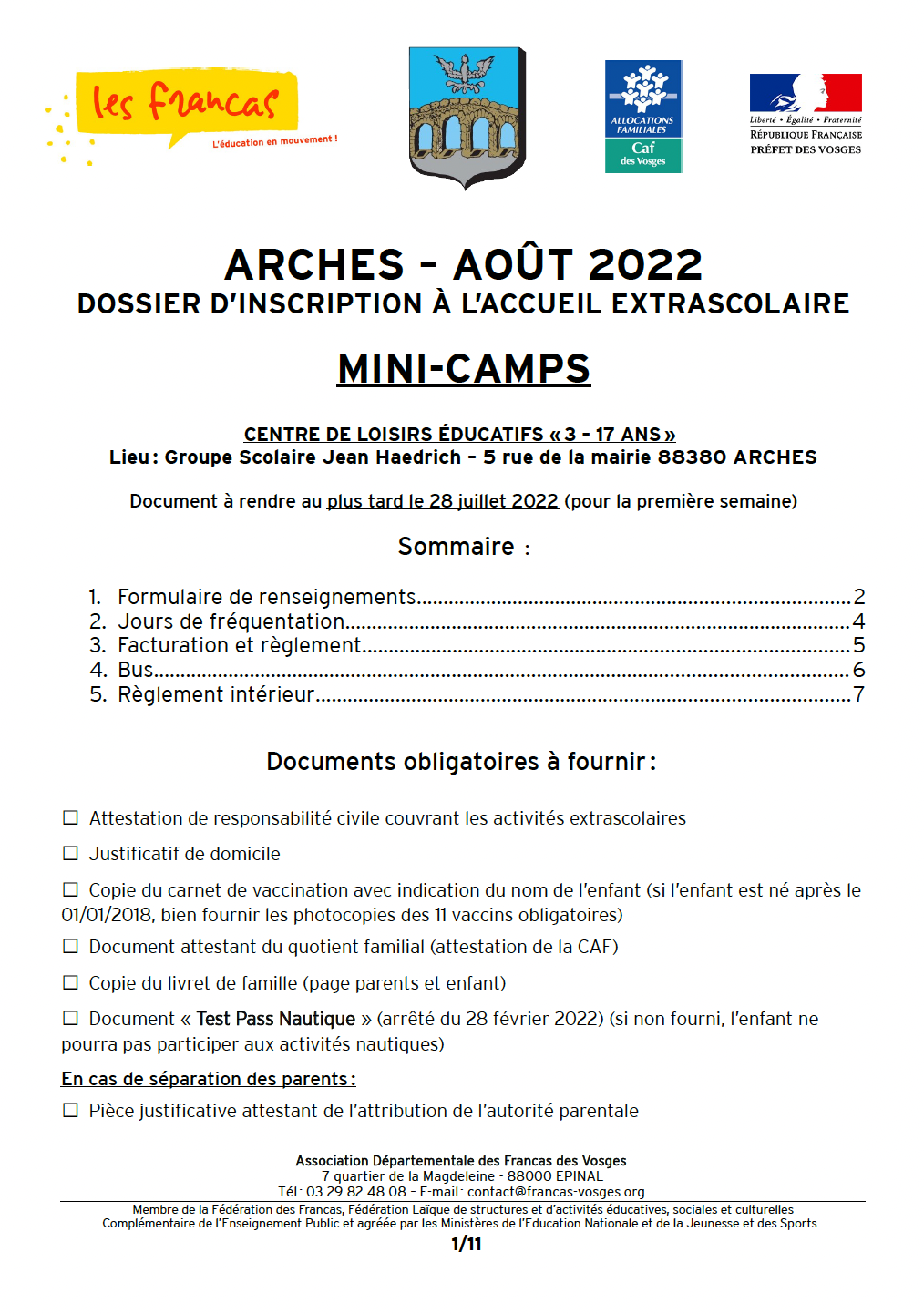 Dossier d’inscription Mini-Camps Arches août 2022