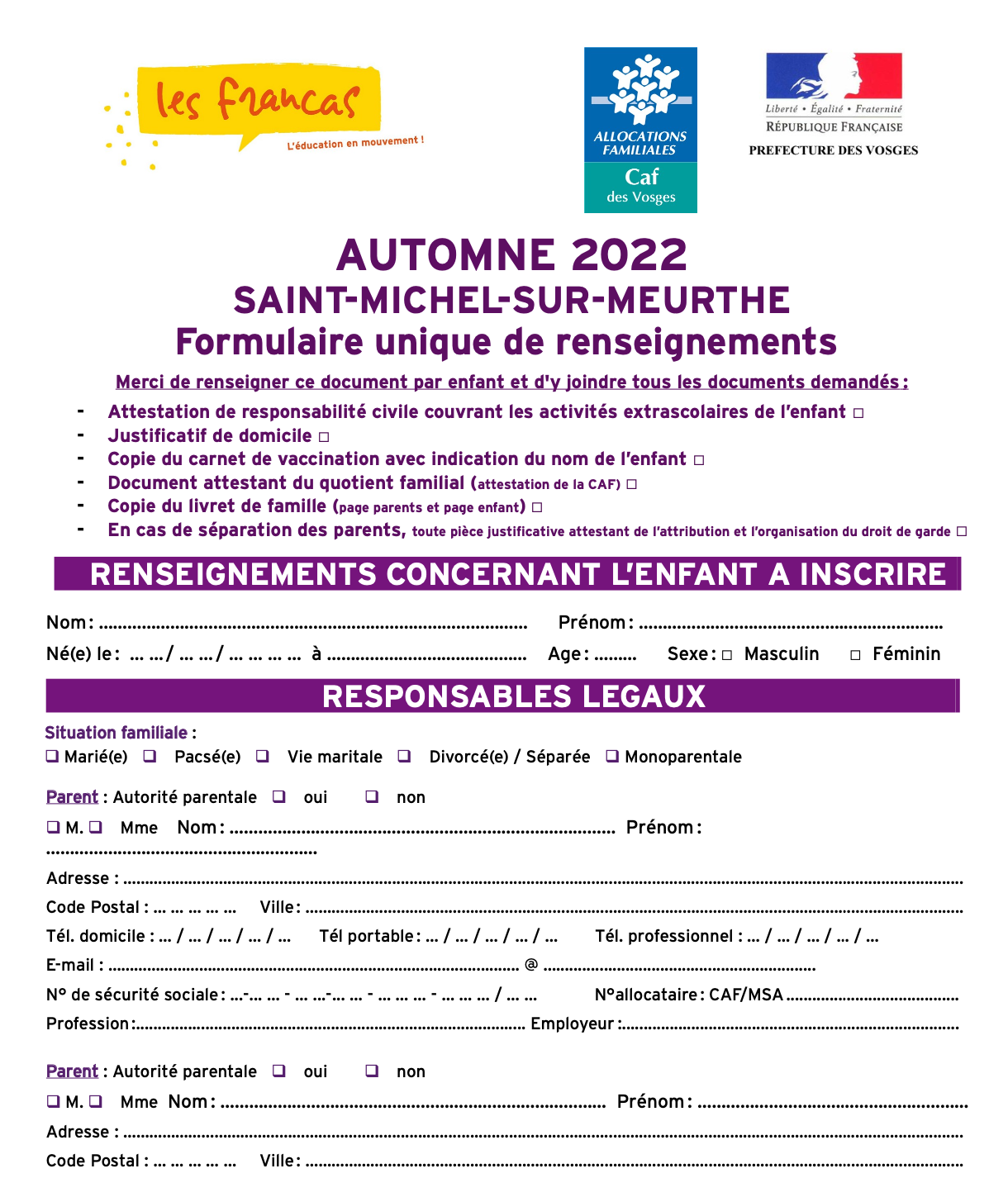 Formulaire Unique Automne 2022 Saint-Michel-sur-Meurthe