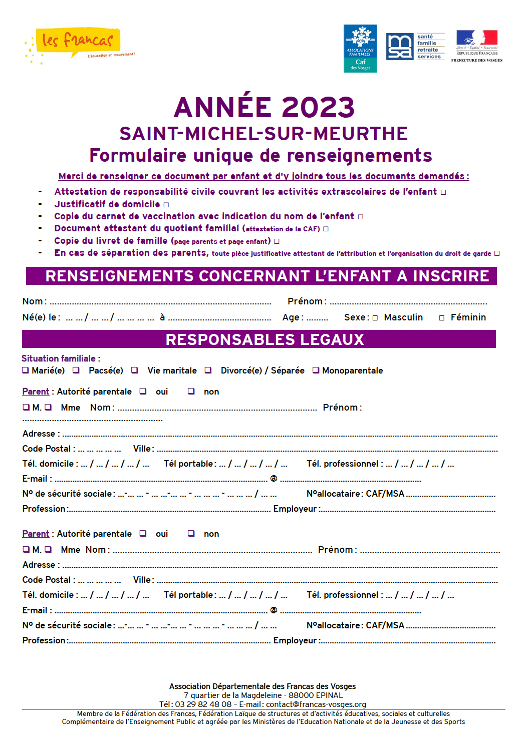 Formulaire unique renseignements 2023 Saint-Michel-sur-Meurthe