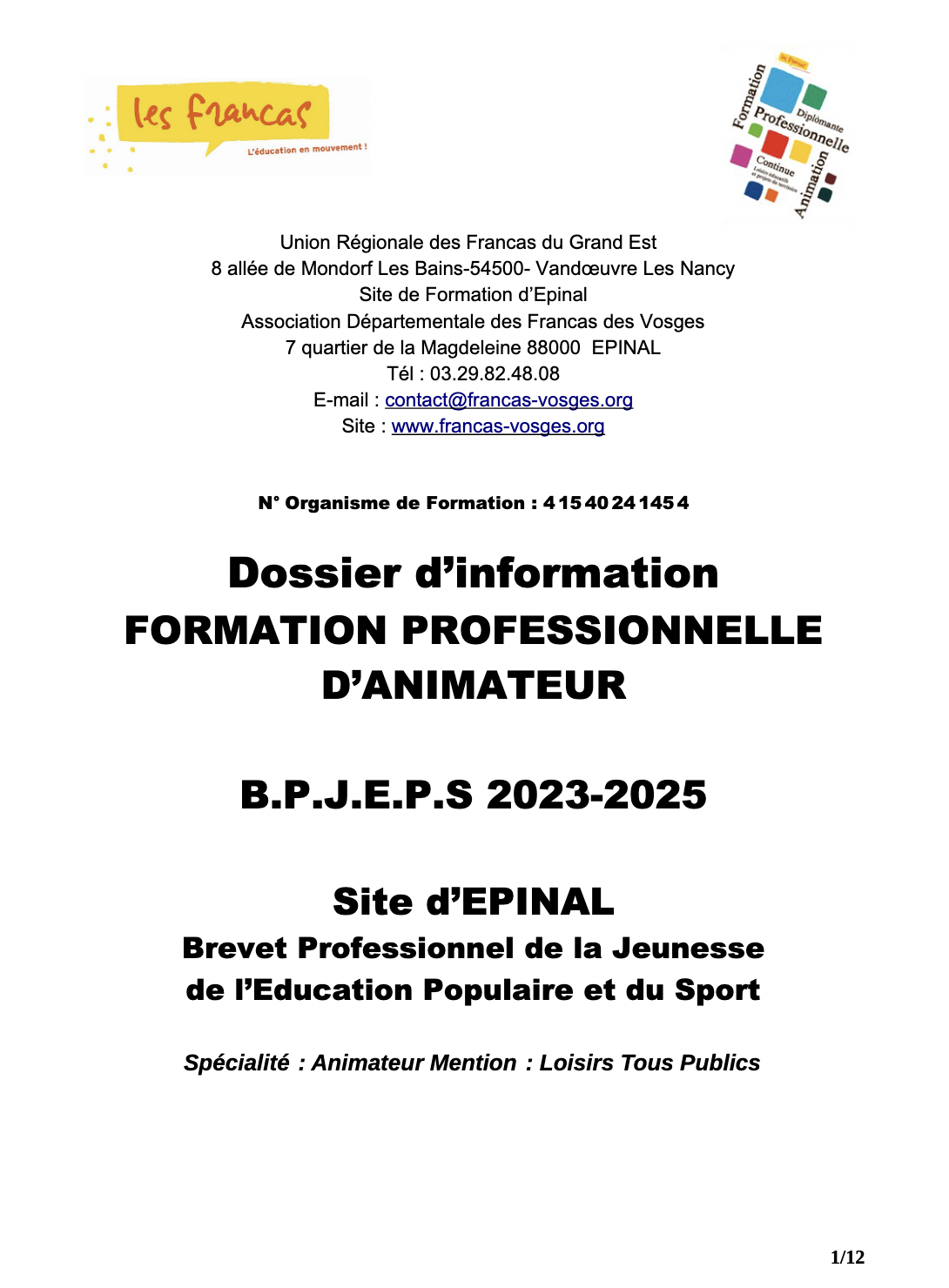Dossier inscription BPJEPS LTP 2023-25 Francas