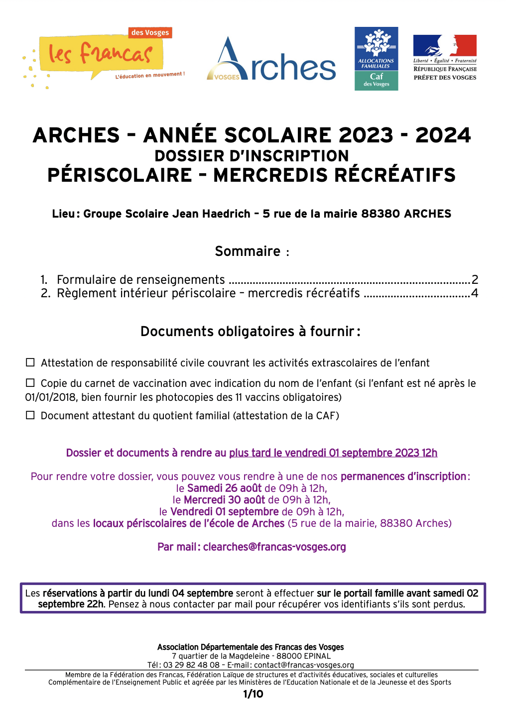 Dossier inscription périscolaire Arches 2023-24