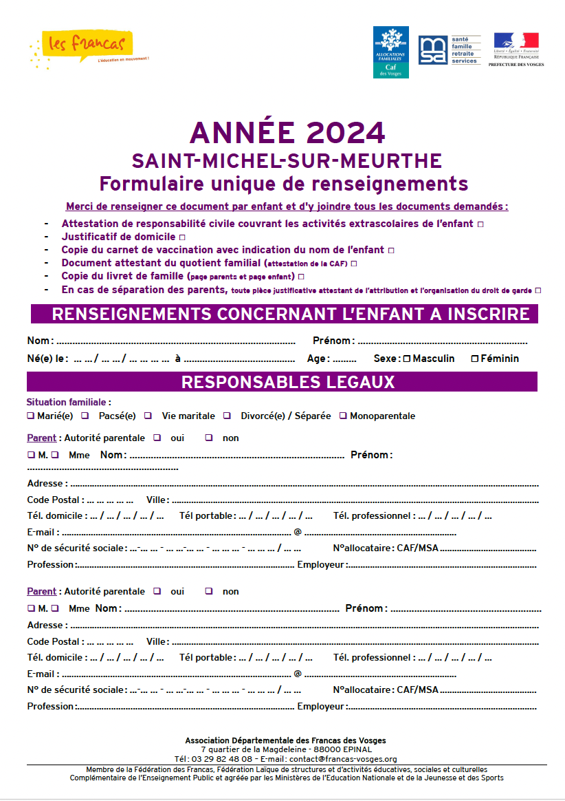 Formulaire Unique de Renseignements St Michel 2024
