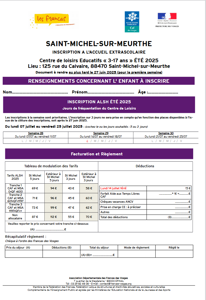 Document inscription ALSH été 25 Saint-Michel-sur-meurthe