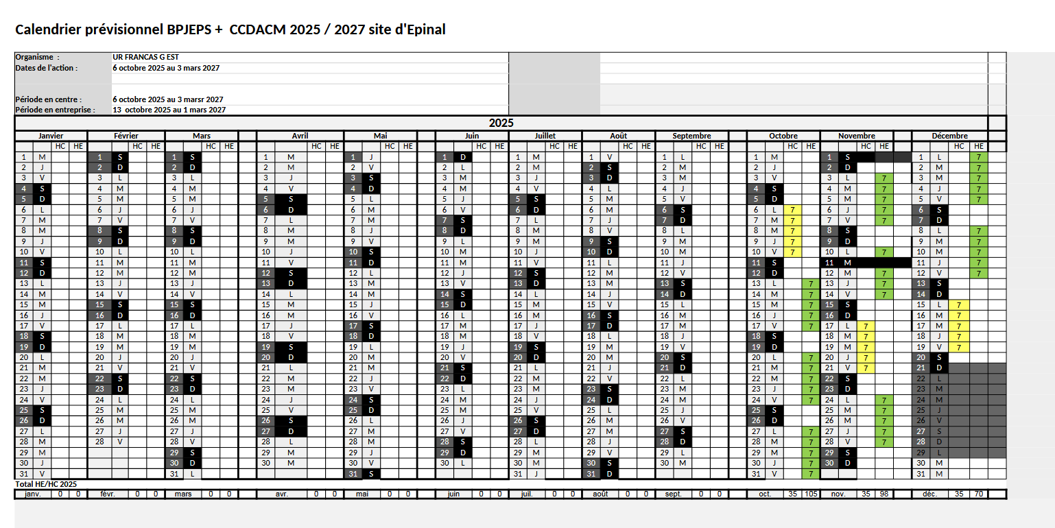 Calendrier BPJEPS + CC DACM 2025-2027
