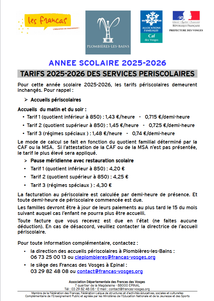 Tarifs Periscolaire PLB 25-26