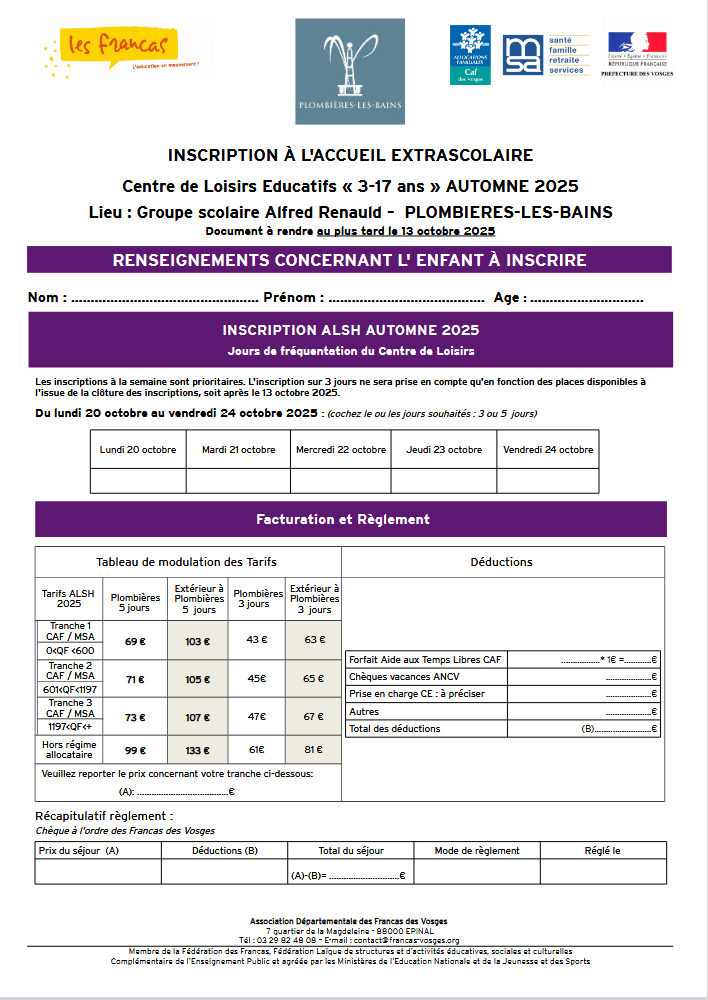 Inscription ALSH Automne 25 Plombières-les-Bains