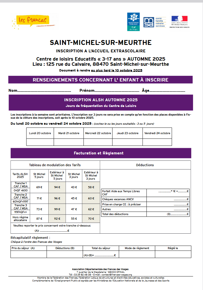 Inscription ALSH Automne 25 Saint-Michel-sur-Meurthe