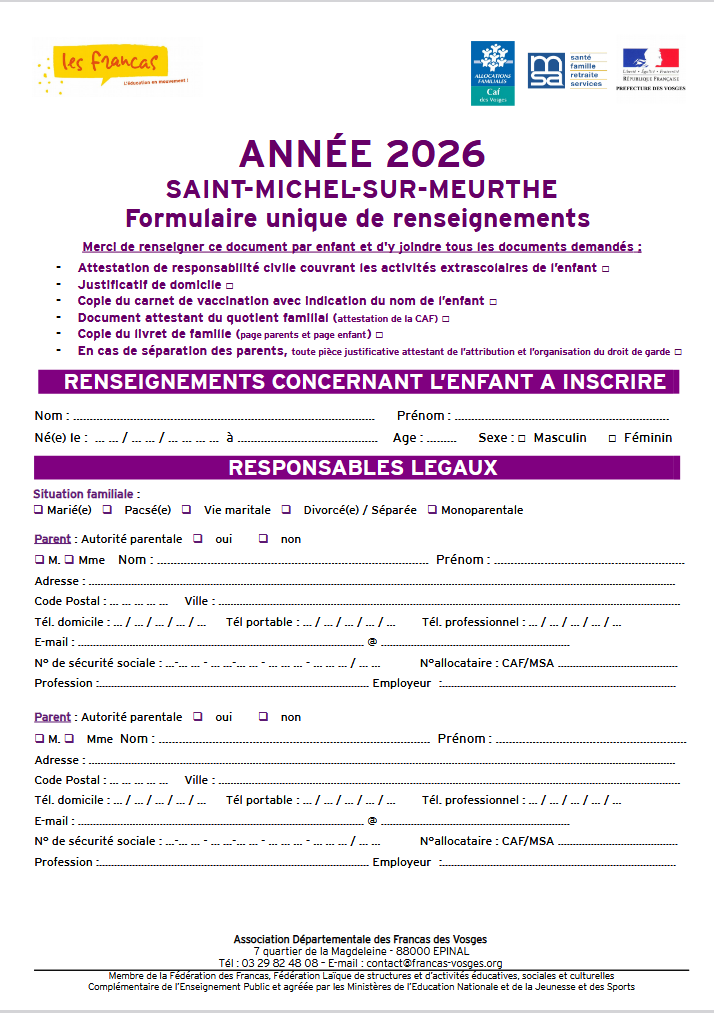 Formulaire unique de renseignements Saint Michel sur Meurthe 2026