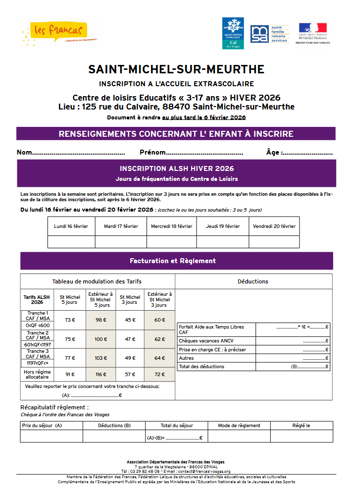 Inscription ALSH Hiver 2026 Saint Michel sur Meurthe