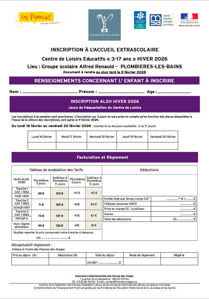 Fiche inscription ALSH Hiver 2026 Plombières les Bains