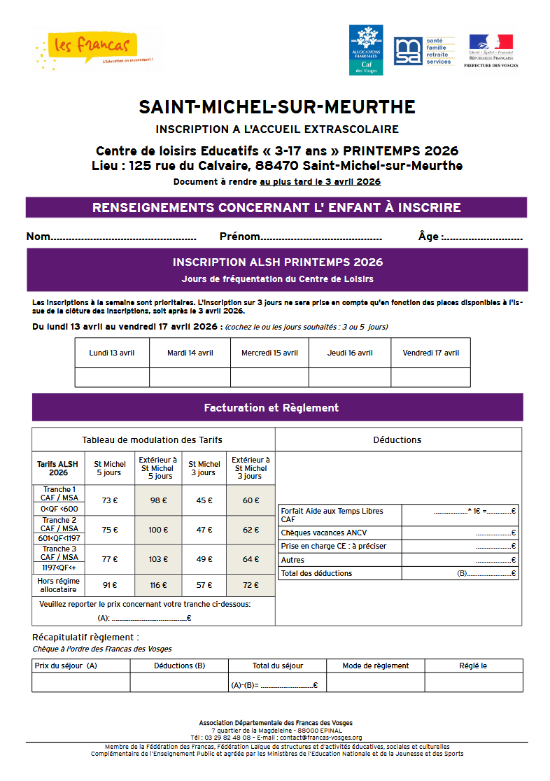 Fiche inscription ALSH Printemps 26 Saint-Michel-sur-meurthe