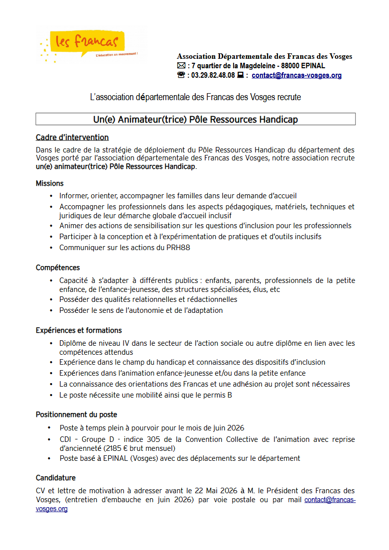 Offre emploi : Animateur(trice) Pôle Ressources Handicap