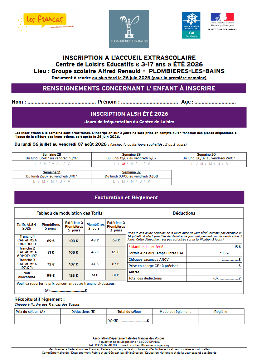 Fiche inscription ALSH Été 2026 Plombières-les-Bains