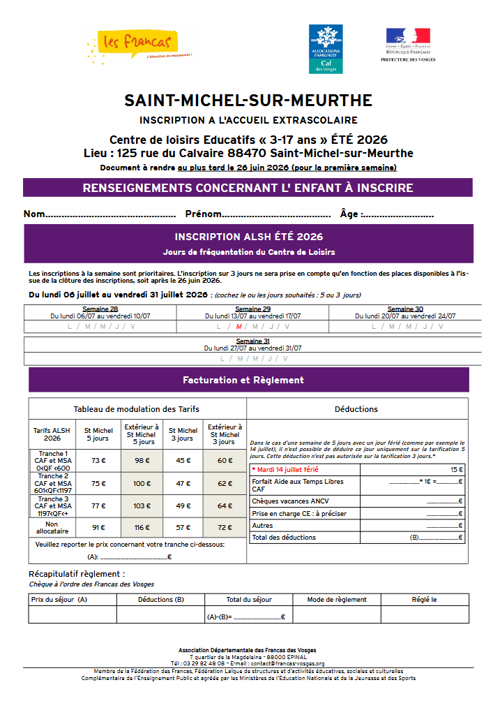 Fiche inscription ALSH Été 2026 Saint-Michel-sur-Meurthe
