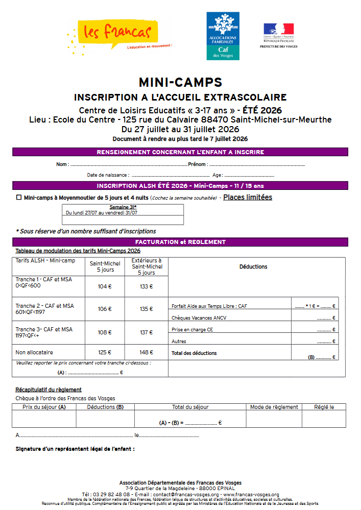 Fiche inscription Mini-camps Semaine 31 Ete 2026 Saint-Michel-sur-Meurthe