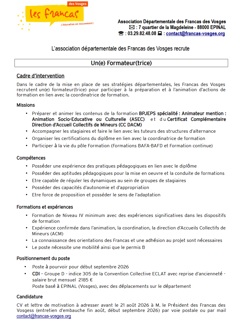 Offre emploi : Formateur(trice)