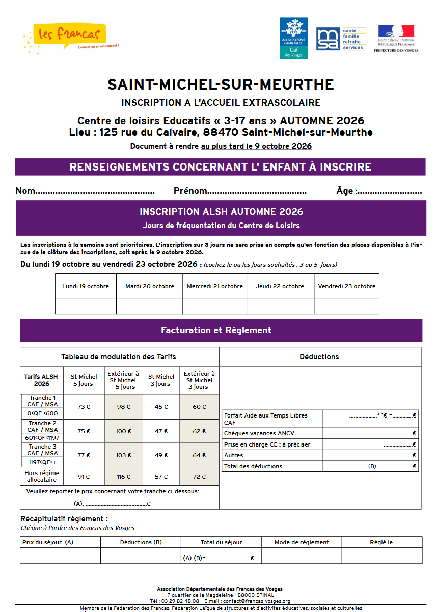 Fiche inscription ALSH Automne 2026 Saint-Michel-sur-Meurthe